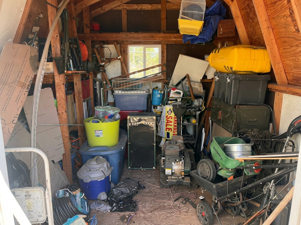 Cluttered garage before LB's Junk Removal clears it out